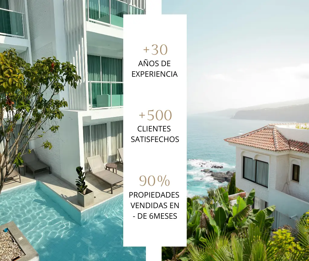 Image of a modern residential building with infinite pool in front of the sea, accompanied by a label with outstanding figures: more than 30 years of experience, 500 satisfied customers and 90% of properties sold in less than 6 months. Our real estate in Alicante combines trajectory, trust and results to offer the best service.