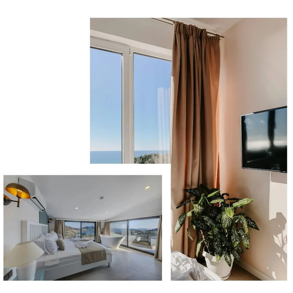 Professional real estate announcement that presents a collage of light bedrooms with roof window windows, direct views to the sea, elegant decoration and modern details such as wall television and decorative plants. A show of comfort and exclusivity in each room.