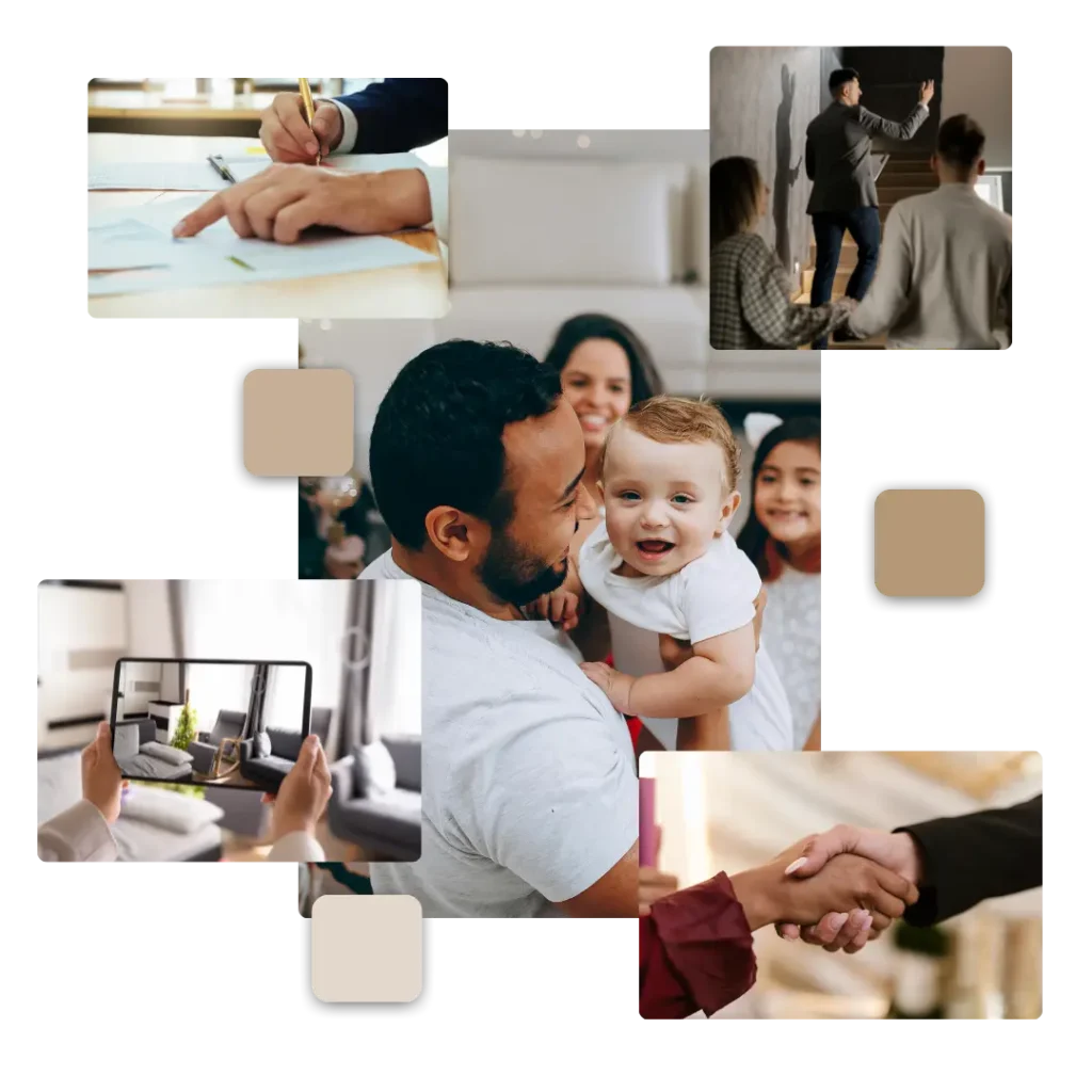 Collage of images that show happy families, contract signatures, housing visits and a handshake. It represents the process of buying properties for sale with professional, human and trustworthy treatment.