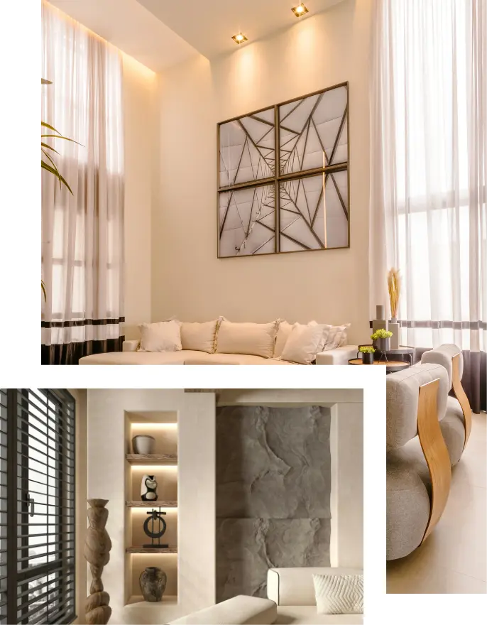 Properties for sale with high roofs, windows that let the natural light, furniture in light tones and decorative details of stone and wood. Housing that combine contemporary design, elegance and comfort.