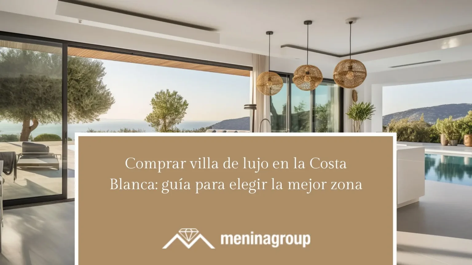 Panoramic view of a luxury village on the Costa Blanca with pool and sea in the background